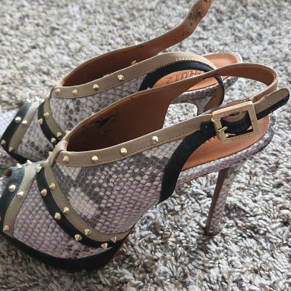 Schutz Snakeskin Studded Slingback Heels Sandals - Picture 2 of 6